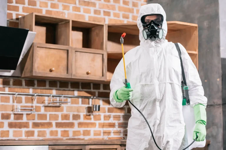 Especialista con equipación de protección y pistola de fumigación profesional para control de plagas en Barcelona.