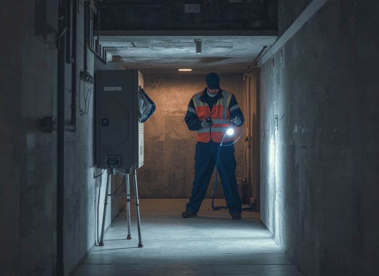 Técnico especializado realizando una inspección para detectar actividad de ratas en una vivienda de Barcelona.