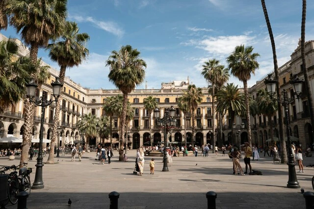 Vista panorámica de la Plaça Reial de Barcelona en un día soleado de verano, con sus arcos característicos, palmeras y ambiente animado en el corazón del barrio Gòtic, en un contexto de desinsectación en Ciutat Vella.