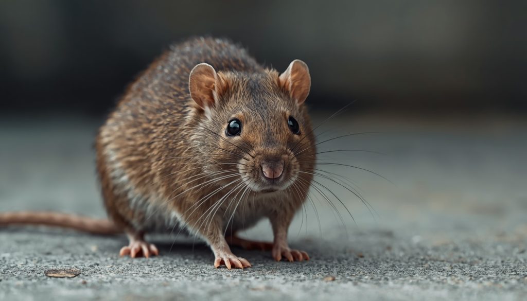 Rata parda adulta (Rattus norvegicus) con pelaje marrón grisáceo en un entorno urbano, una de las especies de roedores más comunes en problemas de control de plagas.