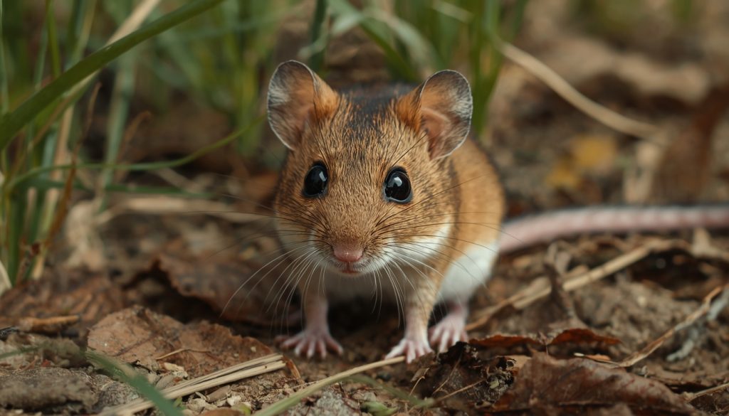 Ratón de campo (Apodemus sylvaticus) pequeño roedor silvestre con pelaje marrón, ojos grandes y orejas prominentes en entorno natural de campo