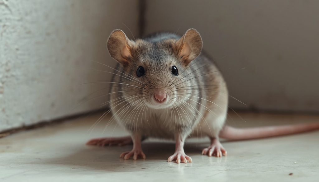 Ratón doméstico o ratón común (Mus musculus) pequeño roedor de color gris marrón en un entorno interior, especie común en problemas de control de plagas en viviendas