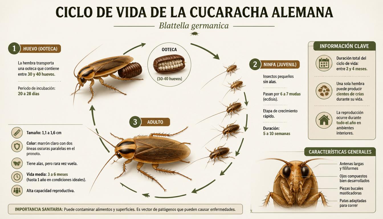 Infografía educativa del ciclo de vida de la cucaracha alemana (Blattella germanica) mostrando las etapas de huevo o ooteca, ninfa y adulto, con flechas que indican su desarrollo. Ilustración científica detallada que explica su reproducción rápida, desarrollo en interiores y características del insecto.